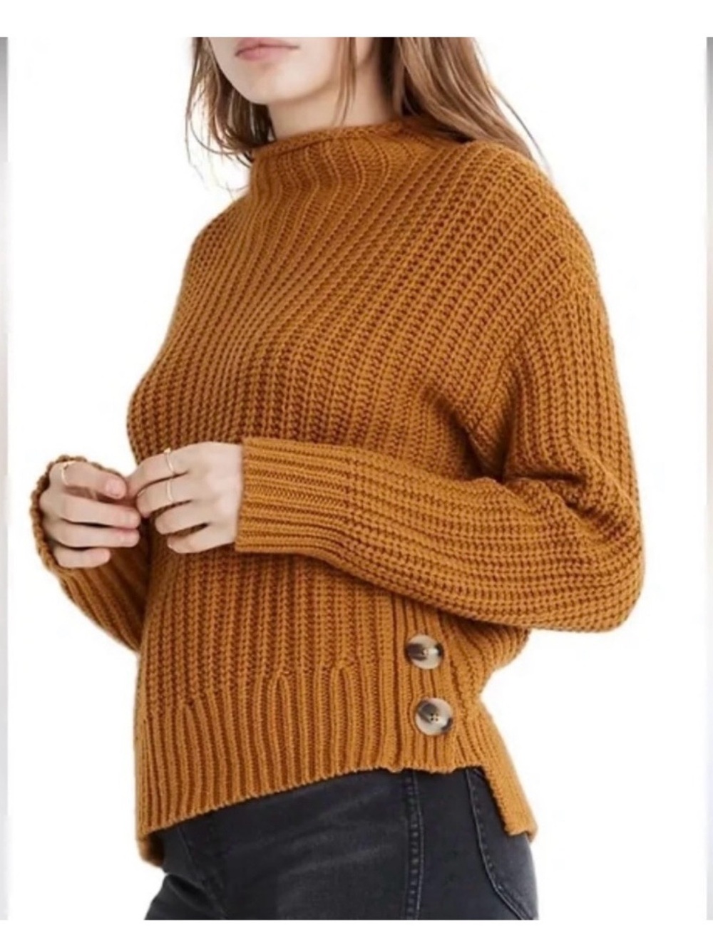 Madewell Mustard Brown Ribbed Mock Neck Sweater Side Buttons Cotton Wool